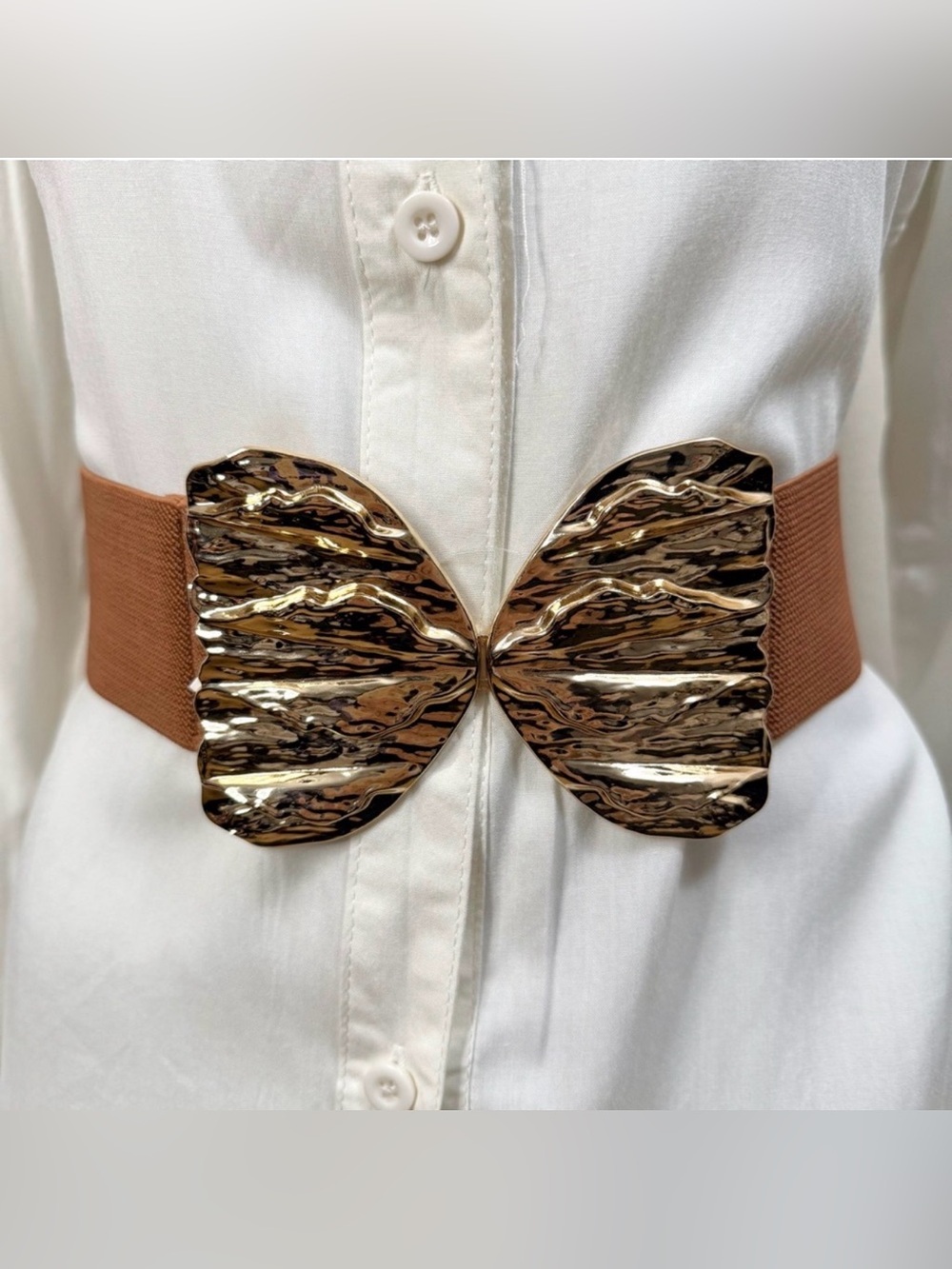 Brown elastic waistband belt with gold tone butterfly buckle